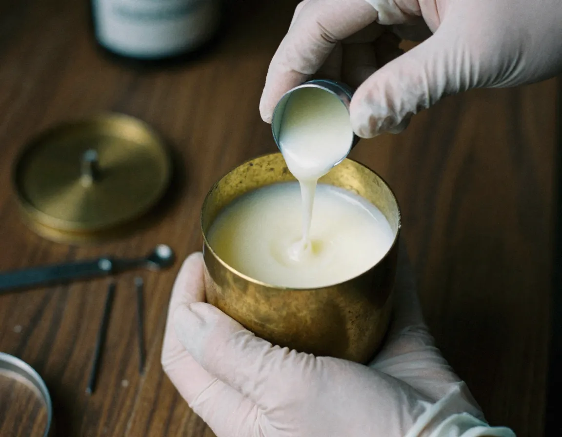 Artisan hand pouring luxury scented candle in workshop